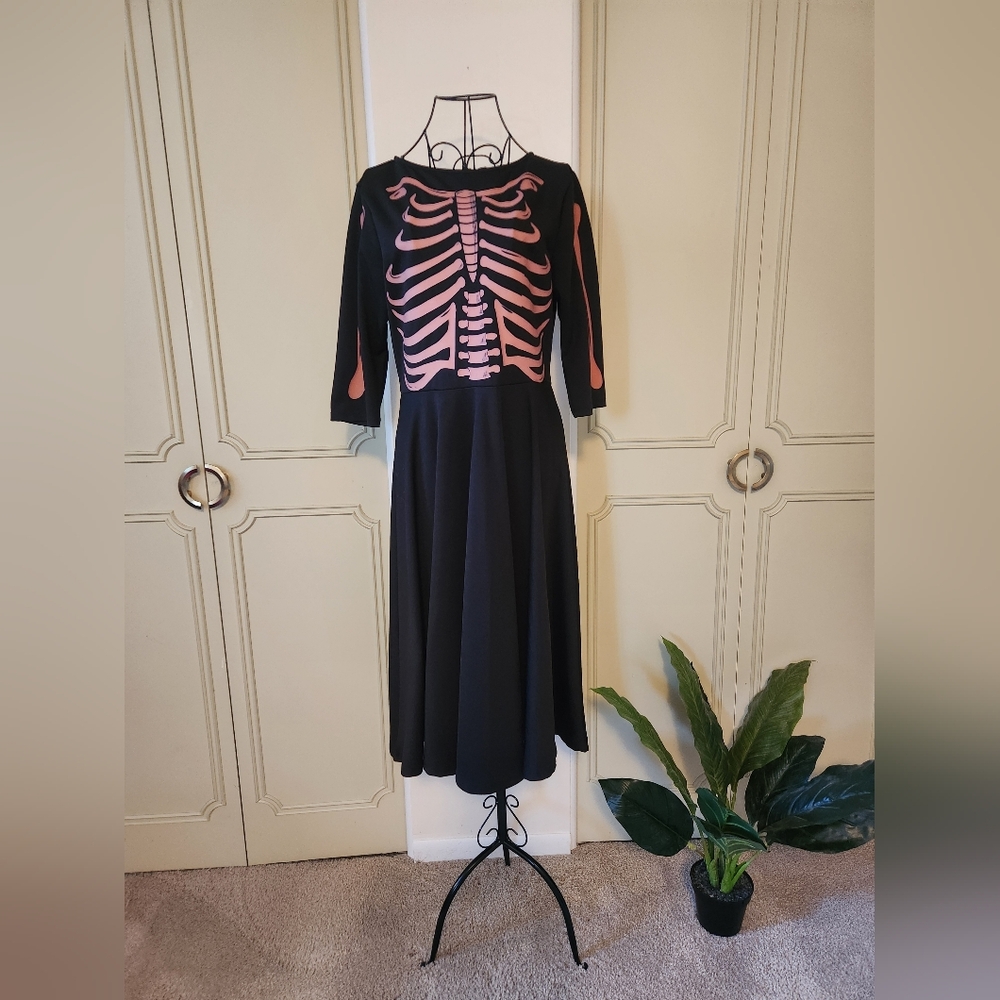 Unique Vintage 1950s Black Skeleton Bones Swing Dress Size Large